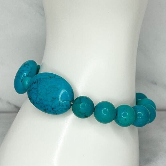 Blue Faux Turquoise Beaded Stretch Bracelet - Picture 3 of 6